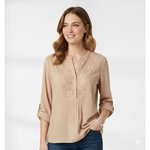 Nine West Tops - NINE WEST VINTAGE AMERICA Blouse Womens M Lace Inlay Beige Tunic Feminine Whimsy